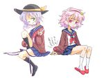  alternate_costume contemporary green_eyes grey_hair grin hairband hat heart komeiji_koishi komeiji_satori multiple_girls oekaki pink_eyes pink_hair roku_(warrock) school_uniform serafuku siblings sisters slippers smile touhou translation_request v 