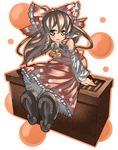  blush bow box brown_eyes brown_hair detached_sleeves donation_box hair_bow hakurei_reimu highres long_hair mantake on_box shoes sitting sitting_on_box skirt solo touhou 