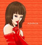  anna_williams bangs bare_shoulders blue_eyes breasts brown_hair character_name dress elbow_gloves finger_to_mouth from_side gloves hand_up hybrid_cat index_finger_raised jpeg_artifacts lace lace-trimmed_gloves lipstick looking_at_viewer looking_to_the_side makeup parted_lips red_background red_dress red_gloves red_lipstick short_hair shushing simple_background small_breasts straight_hair strapless strapless_dress tekken upper_body 