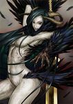  armpits breasts claws copyright_request feathers green_hair horns kometani_hisanobu large_breasts long_hair monster_girl nude pale_skin red_eyes solo wings 