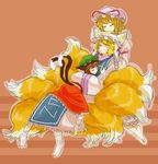  animal_ears barefoot blonde_hair brown_hair cat_ears cat_tail chen closed_eyes drooling fox_tail girl_sandwich hat hug itoyo long_sleeves multiple_girls multiple_tails orange_background pillow_hat sandwiched short_hair sleeping socks tail tassel touhou wide_sleeves yakumo_ran yakumo_yukari 