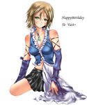  alternate_costume blush braid breasts brown_hair demonk detached_sleeves final_fantasy final_fantasy_x final_fantasy_x-2 green_eyes medium_breasts short_hair skirt solo yuna_(ff10) 