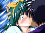  1girl akazaki_yasuma black_hair blush game_cg green_hair hair_ribbon hand_on_head ito_nanami kiss ribbon short_hair surprised tokimeki_check_in yellow_eyes 