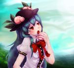  blue_hair bow food fruit hat hinanawi_tenshi katari long_hair peach red_eyes solo touhou 