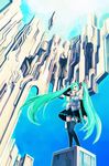  aqua_hair cube day hand_on_own_head hatsune_miku highres hironox long_hair sky solo twintails very_long_hair vocaloid 