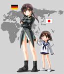  &gt;:( :o ankle_boots bad_id bad_pixiv_id bangs bare_legs black_bow black_footwear black_neckwear boots bow bowtie breasts brown_eyes brown_hair child clothes_tug crossed_arms eyebrows_visible_through_hair flag frown full_body german_flag gertrud_barkhorn hair_ribbon height_difference japanese_flag long_hair long_sleeves looking_at_viewer low_twintails map medium_breasts military military_uniform miyafuji_yoshika multiple_girls no_pants no_socks one-piece_swimsuit open_mouth panties pantyshot pantyshot_(standing) pocket purple_hair ribbon sailor_collar school_swimsuit shiny shiny_hair shoes sleeves_past_wrists standing strike_witches swimsuit swimsuit_under_clothes tareme twintails umekichi underwear uniform v-shaped_eyebrows white_footwear world_witches_series 