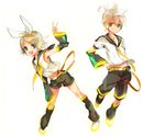  1girl aqua_eyes armpits bare_shoulders belt blonde_hair brother_and_sister caterpillar_(artist) detached_sleeves flat_chest grin hair_ornament hair_ribbon hairclip headphones kagamine_len kagamine_rin midriff necktie ribbon sailor_collar short_hair shorts siblings smile twins v vocaloid yellow_neckwear 