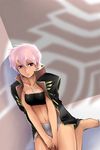  bad_id bad_pixiv_id bandeau barefoot cross earrings gundam gundam_zz illia_pazom jacket jacket_on_shoulders jewelry midriff necklace pink_eyes pink_hair rakuto_mangan short_hair strapless tubetop 