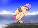  ayane_(doa) bikini_top dead_or_alive hybrid_cat midriff ocean purple_hair red_eyes sandals short_hair shorts 