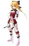  amaa_(chou_dennou_jidai) armor blonde_hair bow hair_bow highres long_hair original red_eyes solo sword weapon 