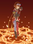  asymmetrical_clothes brown_hair goggles hexagram hiiro_(midori_no_kakera) magic_circle orange_background ribbon rita_mordio runes short_hair tales_of_(series) tales_of_vesperia thighhighs 