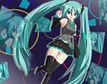  aqua_eyes aqua_hair blush detached_sleeves green_eyes green_hair hatsune_miku headphones highres long_hair necktie panties skirt striped striped_panties thighhighs twintails underwear uripon very_long_hair vocaloid 