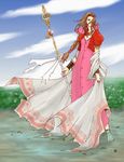  aerith_gainsborough barefoot braid brown_hair cloud day dress final_fantasy final_fantasy_vii green_eyes hair_ribbon hybrid_cat long_dress long_hair pink_dress ribbon robe single_braid sky solo staff very_long_hair 