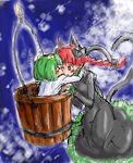  &gt;_&lt; animal_ears bad_id bad_pixiv_id bucket closed_eyes heart heart_tail in_bucket in_container kaenbyou_rin kiss kisume lowres multiple_girls oyakata-sama sketch tail touhou wooden_bucket 
