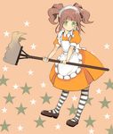  apron broom brown_hair caterpillar_(artist) child frills green_eyes hairband idolmaster idolmaster_(classic) idolmaster_1 maid maid_fairy_tale skirt solo star striped striped_legwear takatsuki_yayoi thighhighs twintails 