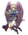  amamizu_(chetore) angel_wings blonde_hair boots breath_of_fire breath_of_fire_ii dress feathers fingerless_gloves gloves knee_boots long_hair nina_(breath_of_fire_ii) purple_eyes purple_wings side_slit wings 