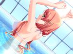  akibakei_kanojo aoi_ren arms_up back bikini breasts covered_nipples dutch_angle game_cg green_eyes hair_ornament hairclip huge_breasts long_hair pink_hair pool sano_toshihide sideboob solo swimsuit underboob water wet 