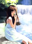  brown_hair closed_eyes copyright_request cuteg dress flat_chest leaf long_hair river rock solo tree water waterfall 