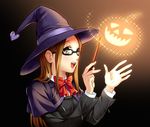  brown_eyes brown_hair fushimi_chihiro glasses glowing halloween hat heart koremi2 long_hair persona persona_3 ribbon school_uniform smile solo wand witch_hat 