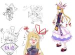  asa_inu blonde_hair blush bow drunk fan gap hair_bow hair_ribbon hakurei_reimu hat horns ibuki_suika if_they_mated long_hair multiple_girls purple_hair ribbon sketch touhou translated yakumo_yukari 