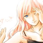  ;) armpits bad_id bad_pixiv_id bare_shoulders blue_eyes camisole earrings jewelry long_hair lowres macross macross_frontier male_focus myon_(artist) one_eye_closed pink_hair sheryl_nome simple_background smile solo upper_body very_long_hair white_background 
