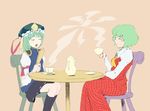  ascot chair closed_eyes cup green_hair kazami_yuuka multiple_girls necktie plaid plaid_skirt plaid_vest rod_of_remorse shiki_eiki short_hair simple_background sitting skirt skirt_set steam table taichi_(tomo) tea teacup teapot touhou vest 