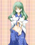  blush breast_hold breasts green_hair groin hane_(hanegoya) kochiya_sanae large_breasts long_hair midriff solo touhou undressing 