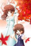  antenna_hair brown_eyes brown_hair child clannad dress furukawa_nagisa highres leaf mother_and_daughter multiple_girls okazaki_ushio open_mouth otoki_raku ponytail sailor_dress school_uniform short_hair smile sparkle 