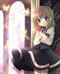  blue_eyes brown_hair bug butterfly crown dress flower hanabana_tsubomi insect lowres orange_hair ribbon rose short_hair solo umineko_no_naku_koro_ni ushiromiya_maria window 