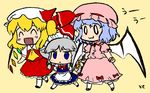  3girls :&lt; ^_^ ^o^ animal_ears bad_id bad_pixiv_id bat_wings blonde_hair blue_eyes blue_hair braid chagen_kokimu chibi closed_eyes dog_ears dog_tail fang flandre_scarlet hairband hat highres inu_sakuya izayoi_sakuya maid multiple_girls remilia_scarlet ribbon short_hair silver_hair tail touhou twin_braids wallpaper wings 