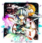  abstract agishi bad_id bad_pixiv_id blue_eyes cloud crescent_moon expressionless holding holding_sword holding_weapon katana konpaku_youmu looking_at_viewer moon puffy_short_sleeves puffy_sleeves short_hair short_sleeves silver_hair solo sword touhou weapon 