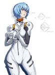  angel_(evangelion) ayanami_rei bangs blue_hair blush bodysuit bracer breasts butcha-u character_name cowboy_shot fusion gloves hair_between_eyes hair_ornament hips holding_arm looking_to_the_side neon_genesis_evangelion number pale_skin parted_lips pilot_suit plugsuit ramiel red_eyes shadow short_hair simple_background sketch slender_waist small_breasts solo translated turtleneck white_background white_bodysuit wide_hips 