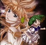  album_cover blonde_hair blue_eyes cover earrings ebata_risa green_hair highres jewelry long_hair macross macross_frontier multiple_girls official_art ranka_lee red_eyes sheryl_nome short_hair smile 