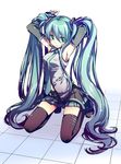  aqua_eyes aqua_hair aqua_nails armpits bad_id bad_pixiv_id boots colorized detached_sleeves ginta gradient_hair hatsune_miku long_hair multicolored_hair nail_polish navel necktie perspective solo thighhighs twintails very_long_hair vocaloid yomo yomo_(ym) 