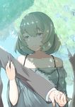  arm bad_id bad_pixiv_id blush collarbone fringe_trim green_eyes green_hair hands idolmaster idolmaster_cinderella_girls johnny_funamushi long_sleeves mole mole_under_eye short_hair smile takagaki_kaede 