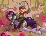  1girl all_fours armor ass fiora_laurent from_behind gag gauntlets green_eyes league_of_legends multicolored_hair pants purple_hair red_hair samiri short_hair skin_tight smile spaulders teemo tight_pants yordle 