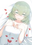  bad_id bad_pixiv_id blue_eyes breasts cleavage collarbone flower green_eyes green_hair heterochromia idolmaster idolmaster_cinderella_girls johnny_funamushi mole mole_under_eye open_mouth petals short_hair small_breasts solo takagaki_kaede 