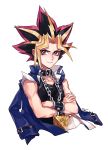  1boy artist_name black_shirt bracelet collar collarbone cropped_torso crossed_arms highres jewelry looking_at_viewer male_focus multicolored_hair mutou_yuugi red_eyes shirt sleeveless sleeveless_shirt smile solo tsubasara_mingri upper_body yu-gi-oh! 