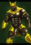  2012 abs anthro anubian_jackal armor balls biceps big_muscles big_penis black_nipples brown_fur brown_nose brown_skin canine fur gold half-erect humanoid_penis iceman1984 jackal league_of_legends male mammal muscles nasus nipples nude pecs penis pose presenting red_eyes solo standing thick_penis trn vein 