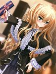  absurdres black_dress blonde_hair blurry blush box capelet depth_of_field dress dutch_angle frilled_sleeves frills gift gift_box giving green_eyes hand_on_hip highres kimi_to_issho_ni lolita_fashion long_sleeves looking_away norita sasano_eri tsundere upper_body 