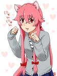  1girl :3 animal_ears artist_name artist_request blush bow cat_ears female gasai_yuno hair_bow hair_ornament heart long_hair looking_at_viewer low-tied_long_hair mirai_nikki mitsuki_(ranran) open_mouth paw_pose pink_hair pleated_skirt ponytail red_eyes simple_background skirt sleeves_past_wrists solo striped stripes sweater translated twintails very_long_hair 