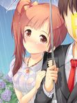  1girl blush brown_eyes brown_hair collarbone flower gradient_hair holding holding_umbrella hydrangea idolmaster idolmaster_cinderella_girls igarashi_kyouko jewelry multicolored_hair orange_hair pendant producer_(idolmaster) rain see-through shared_umbrella shirt short_sleeves side_ponytail smile tilm umbrella upper_body wet wet_clothes wet_shirt 