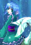  ass blue_hair curly_hair green_eyes head_fins highres looking_back mermaid monster_girl naonakamura open_mouth solo touhou underwater wakasagihime 