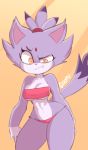  2019 amber_eyes anthro bandeau blaze_the_cat breasts cleavage clothed clothing dipstick_tail domestic_cat fangs felid feline felis female forehead_gem fur gloomyacid hair hair_tie looking_at_viewer mammal multicolored_tail panties purple_fur purple_hair signature solo sonic_(series) underwear wide_hips 