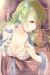  bad_id bad_pixiv_id bare_shoulders bra breasts cleavage collarbone detached_sleeves frog_hair_ornament green_hair hair_ornament highres kochiya_sanae large_breasts long_hair looking_at_viewer orange_eyes sipu skirt smile snake_hair_ornament solo touhou underwear 