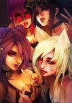  4girls \m/ absurdres ahri akali animal_ears baseball_cap blue_eyes breasts choker cleavage close-up commentary english_commentary evelynn eyelashes eyeliner eyeshadow fingernails fox_ears group_picture hat heart heart_choker highres k/da_(league_of_legends) k/da_ahri k/da_akali k/da_evelynn k/da_kai&#039;sa kai&#039;sa league_of_legends lips lipstick long_fingernails looking_at_viewer makeup medium_breasts monori_rogue multiple_girls nail_polish nose one_eye_closed open_mouth parted_lips pink-tinted_eyewear pink_hair purple_eyes purple_hair red_eyes round_eyewear small_breasts sunglasses thick_eyebrows upper_body v whisker_markings yellow_eyes 