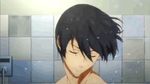  1boy animated animated_gif black_hair eyes_closed free! kyoto_animation_cm lowres male male_focus male_only nanase_haruka_(free!) shirtless short_hair solo topless 