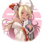  1girl bangs bare_shoulders blonde_hair blush breasts brown_eyes cleavage collarbone dark_skin draph earrings elbow_gloves fur_trim gloves granblue_fantasy hinami_(hinatamizu) horns jewelry kuvira_(granblue_fantasy) large_breasts long_hair long_sleeves looking_at_viewer open_mouth pointy_ears rope smile solo tears upper_body white_gloves 