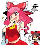  2girls :&lt; :d bemani blush bow breast_envy brown_hair chibi cosplay crossover detached_sleeves hair_bow hair_tubes hakurei_reimu hakurei_reimu_(cosplay) kirisame_marisa kirisame_marisa_(cosplay) multiple_girls mzh open_mouth pink_eyes pink_hair rasis smile sound_voltex star star-shaped_pupils symbol-shaped_pupils touhou white_background 