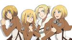  3girls annie_leonhardt armin_arlert blonde_hair blue_eyes christa_renz color_connection emblem hair_color_connection jacket multiple_girls paradis_military_uniform petra_ral rumia_(compacthuman) shingeki_no_kyojin short_hair training_corps_(emblem) uniform white_background 